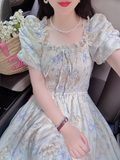 OOTDGIRL Puff Sleeve Bow Tie Chiffon Floral Long Dress   YM1565
