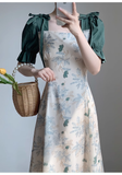 OOTDGIRL Retro square neck dress for women summer French style patchwork floral long dress YM1539