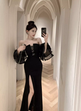 OOTDGIRL Black sexy strapless dress with flared sleeves YM1513