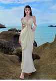 OOTDGIRL Asymmetric Pleated Hollow Waist Mermaid Dress Holiday Dress YM1481