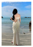 OOTDGIRL Asymmetric Pleated Hollow Waist Mermaid Dress Holiday Dress YM1481