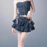 OOTDGIRL  Japanese Y2k Denim Skirt Mini Women Kawaii Elastic Waist A-line Patchwork Cute Sexy Ruffles Jeans Skirt Shorts Summer