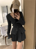 OOTDGIRL New Fashion Casual Single Breasted Knitted Two Piece Set Women Sweater Cardigan Coat + Pleats Skirt Sets Vintage 2 Piece Suits