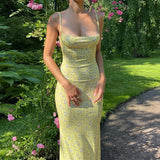 OOTDGIRL 2024 Women Midi Slip Floral Dress Print Backless Sleeveless Elegant Slim Bodycon Spring Summer Holiday Fashion Sweet
