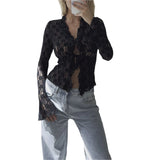 OOTDGIRL Y2K Vintage Retro Women Summer Lace Floral Tops Flare Long Sleeve Tie Front Sheer Slim Crop Cardigan Clubwear