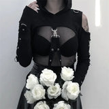 OOTDGIRL Black Gothic Crop Top Women Hoodies Punk Sweatshirt Off Shoulder Lace Up Hooded Pullover Cat Ear Short Style Female Jacket Coat