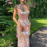 OOTDGIRL 2024 Women Midi Slip Floral Dress Print Backless Sleeveless Elegant Slim Bodycon Spring Summer Holiday Fashion Sweet