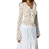OOTDGIRL Y2K Vintage Retro Women Summer Lace Floral Tops Flare Long Sleeve Tie Front Sheer Slim Crop Cardigan Clubwear