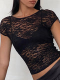 OOTDGIRL Women's Sheer Lace Crop Tops Sexy Short Sleeve Open Back Slim Fit T-Shirts Summer Blouses Aesthetic Pullovers Y2k Streetwear