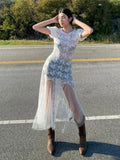 OOTDGIRL Y2k Fairycore See Through Floral Lace Mesh White Dress Summer Retro Puffy Short Sleeve Long Dresses Coquette
