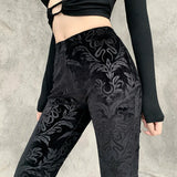 OOTDGIRL Retro Gothic Print Black Pants Goth Haraiuku High Waist Flared Pants Gothic Aesthetic Punk High Waist Women Trousers 22404A
