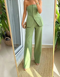 OOTDGIRL Green Sleeveless Tube Top Pant Suit Women Elegant Single Breasted Tops High Waist Wide Leg Pant Sets 2024 Spring 2 Piece Set