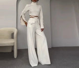 OOTDGIRL Solid Chic Crop Top Pants Suits Women Long Sleeve Split Button Tops High Waist Hollow Out Wide Leg Trousers 2024 Sping Lady Set