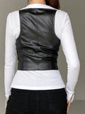 OOTDGIRL PU Leather Vest Vintage Women Sleeveless V Neck Button Tank Tops 2000s Dark Academia Waistcoat Female Summer Fall