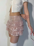OOTDGIRL  Pink Sequin Mini Skirt Women Coquette Low Waist Ruffle Patchwork Cute Sexy Micro Skirt Y2K Summer Kawaii Fashion Party