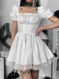 OOTDGIRL Sweet Puff Sleeve Dress Women Y2K Square Neck Kawaii Lace Trim Partvwear Lolita Cute White Princess Dress Elegant Party Dresses