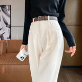OOTDGIRL Chic Thick Woolen Pants with Belt Women Fall Winter Korean Style High Waist Trouser Female Casual Loose Straight-Leg Pants 2024