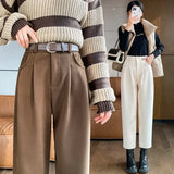 OOTDGIRL Chic Thick Woolen Pants with Belt Women Fall Winter Korean Style High Waist Trouser Female Casual Loose Straight-Leg Pants 2024