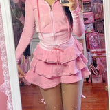 OOTDGIRL  Sweet Girl Barbie Pink Autumn/Winter Warm Velvet Embroidered Hoodie High Waist Slim Cute Cake Skirt Set
