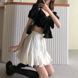 OOTDGIRL  Korean Style Mini Skirt Women High Waist A-line Patchwork Lace-up Ruffles Cute Pleated Skirt Kawaii Summer Fashion