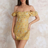 OOTDGIRL Women's Off Shoulder Mini Dress Summer Sleeveless Floral Print Ruffle Trim Slim Fit Bodycon Dress Clubwear High Streetwear Y2k