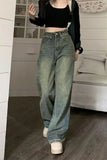 OOTDGIRL Retro 90S Baggy Straight Denim Trouser Female Y2K High Waist Loose Wide Leg Jean Women Casual All-Match Slim Fit Streetwear Pant
