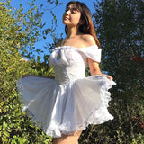 OOTDGIRL Sweet Puff Sleeve Dress Women Y2K Square Neck Kawaii Lace Trim Partvwear Lolita Cute White Princess Dress Elegant Party Dresses