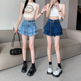 OOTDGIRL Vintage Denim Mini Skirts Women Korean Fashion Pleated Skirts Jeans Female Casual Y2k Pocket Slim A-line Shorts Skirt New 2024