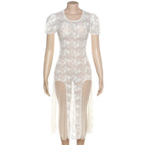 OOTDGIRL Y2k Fairycore See Through Floral Lace Mesh White Dress Summer Retro Puffy Short Sleeve Long Dresses Coquette