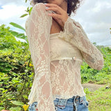 OOTDGIRL Women Y2K Floral Lace Mesh Sheer 2 Piece Set Long Sleeve Shrug T-shirt Strapless Tube Top Fairy Coquette Vintage Crop Tops