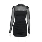 OOTDGIRL See Through Black Bodycon Dress For Womer Clothing Slim Sexy Streetwear Long Sleeve Vestidos De Mujer Patchwork Fashion Outfits
