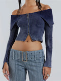 OOTDGIRL Lapel Gradient Print Long Sleeve Cardigan Crop Top for Women Off Shoulder Knitted Ribbed Zip Up Sweaters Jumpers 2024