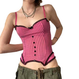 OOTDGIRL Fashion Pink Chic Women Corset Top Lace Trim Buttons Y2K Clothes Vintage Stitched Stripe Crop Top Party Sexy Clubwear