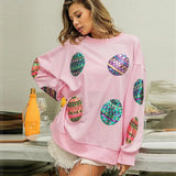 OOTDGIRL Easter Egg Sequin Pullover Sweatshirt Knitted Spring Casual Loose O-Neck Long Sleeve Hoodies Office Lady Style Lsdy's Clothing