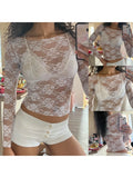 OOTDGIRL Women Floral Lace Sheer Crop Tops Sexy Long Sleeve Basic Shirt Fitted Pullover for Club Streetwear Aesthetic Grunge Clothes