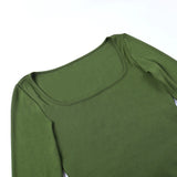 OOTDGIRL 2024 Square Collar Long Sleeve Casual Women T Shirts Green Autumn Skinny Sexy Solid Basic Crop Tops Fashion Streetwear YY22150PF