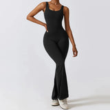 OOTDGIRL Women's Sports Style Hollow Back Bodysuit Yoga Jumpsuit with Chest Pad Honey Peach Hip Flare Pants New Autumn Sports Style