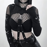 OOTDGIRL Black Gothic Crop Top Women Hoodies Punk Sweatshirt Off Shoulder Lace Up Hooded Pullover Cat Ear Short Style Female Jacket Coat