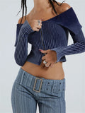 OOTDGIRL Lapel Gradient Print Long Sleeve Cardigan Crop Top for Women Off Shoulder Knitted Ribbed Zip Up Sweaters Jumpers 2024