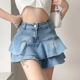 OOTDGIRL  Vintage Denim Skirt Shorts Women Summer Korean Fashion High Waist A-line Slim Cute Sexy Mini Jean Ruffle Skirt Female