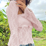 OOTDGIRL Women Y2K Floral Lace Mesh Sheer 2 Piece Set Long Sleeve Shrug T-shirt Strapless Tube Top Fairy Coquette Vintage Crop Tops