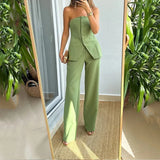 OOTDGIRL Green Sleeveless Tube Top Pant Suit Women Elegant Single Breasted Tops High Waist Wide Leg Pant Sets 2024 Spring 2 Piece Set