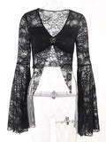 OOTDGIRL Gyaru Tee Shirt Femmes Goth Top Sexy Bell Sleeve Slit Lace Crop Top Gothic Clothes Women 2024 Fashion  Summer Tops T Shirt
