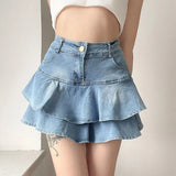 OOTDGIRL  Vintage Denim Skirt Shorts Women Summer Korean Fashion High Waist A-line Slim Cute Sexy Mini Jean Ruffle Skirt Female