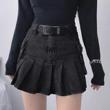 OOTDGIRL  Vintage Denim Skirt Women Streetwear High Waist A-line Pockets Gothic Black Jeans Pleated Skirt Autumn Winter Fashion