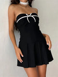 OOTDGIRL Women's Bow Tube Top Dress Strapless Bodycon Pleated Mini Dress Summer Gothic Club Casual Y2K Dresses 2024 Summer Streetwear0328