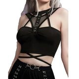 OOTDGIRL Gothic Bandage Cut Out Tank Tops Goth Mall Grunge Fishnet Patchwork Buckle Sexy Crop Tops Sleeveless Bodycon Black Clothes