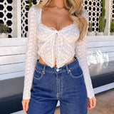 OOTDGIRL Women's Fall Basic Crop Tops Floral Long Sleeve Lace Shirts Sexy Ladies Cardigan for Club Fashion Streetwear