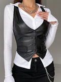 OOTDGIRL PU Leather Vest Vintage Women Sleeveless V Neck Button Tank Tops 2000s Dark Academia Waistcoat Female Summer Fall