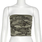 OOTDGIRL Y2K Sexy Lady Camo Tubes Tops for Women Camouflage Lace Up Strapless Bandeau Military Crop Tops Off Shoulder Bandeau Tops Femme